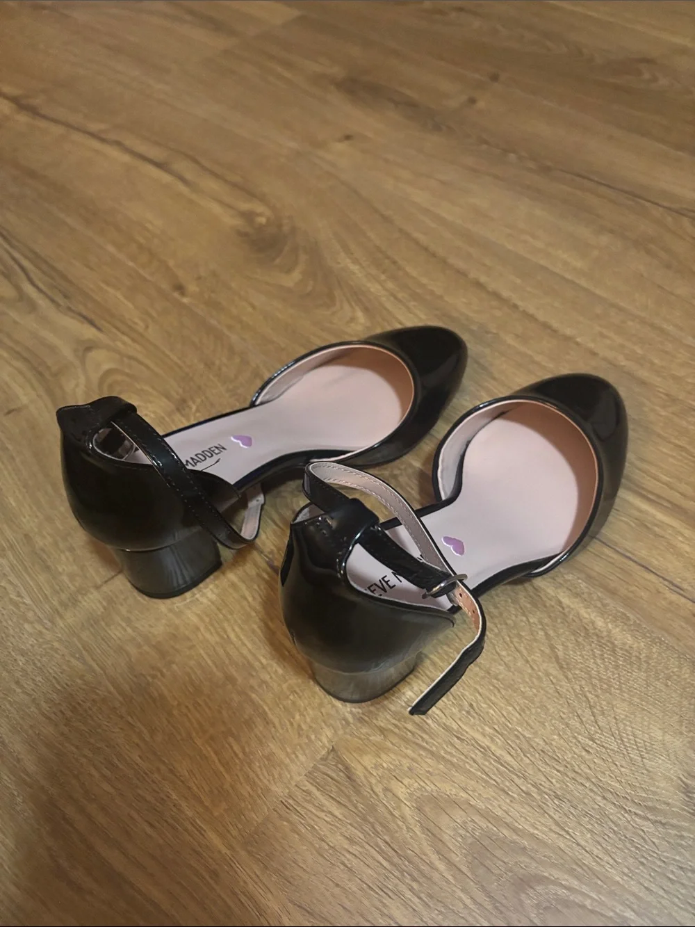 Steve Madden Black Patent Round-Toe Ankle Strap Heels